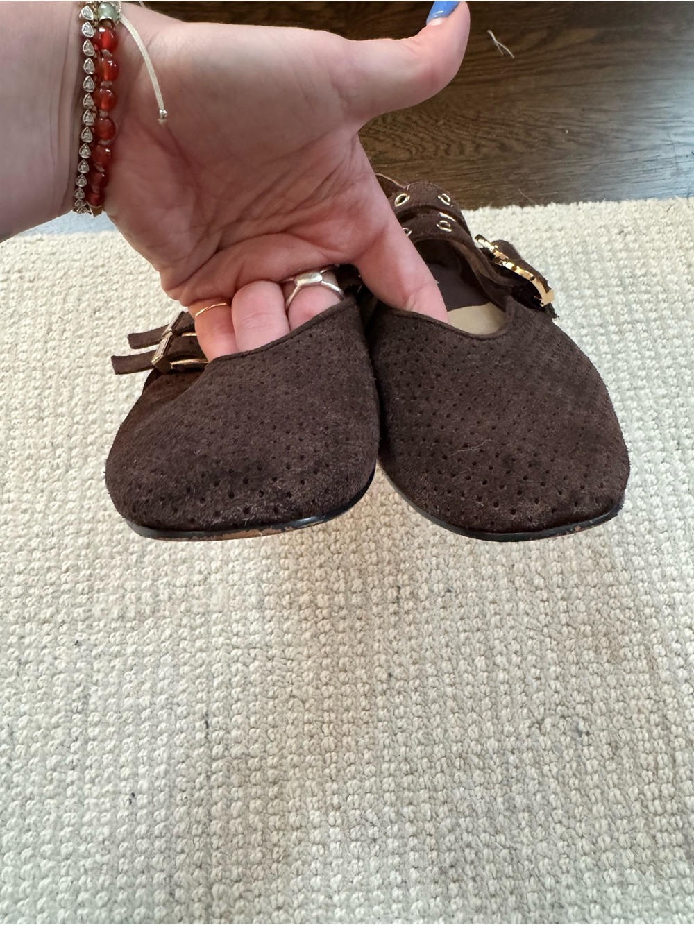 Dolce Vita Dark Brown Suede Double-Buckle Flats with Gold Hardware - Picture 3 of 4